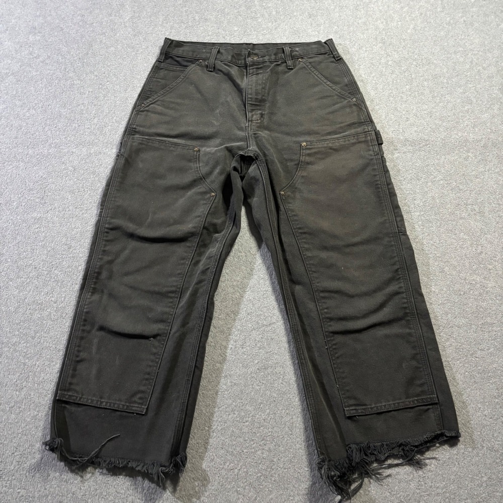 Carhartt B136 Double Knee Pants Mens 30x24 Black Custom Cropped Raw Hem Wide Leg